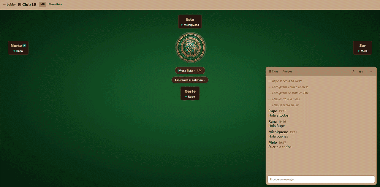 Mesa de bridge en LatinBridge con cuatro jugadores, cartas en juego y chat lateral