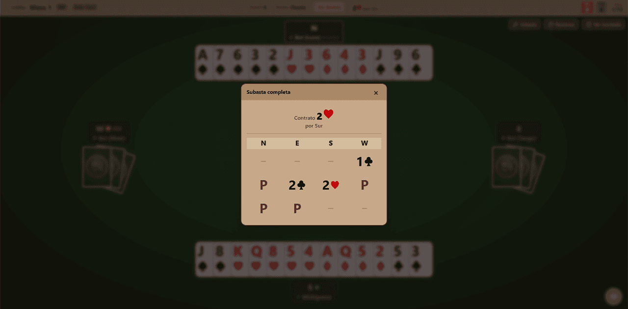 Subasta completa en LatinBridge mostrando la secuencia de declaraciones y el contrato final 2♥ por Sur